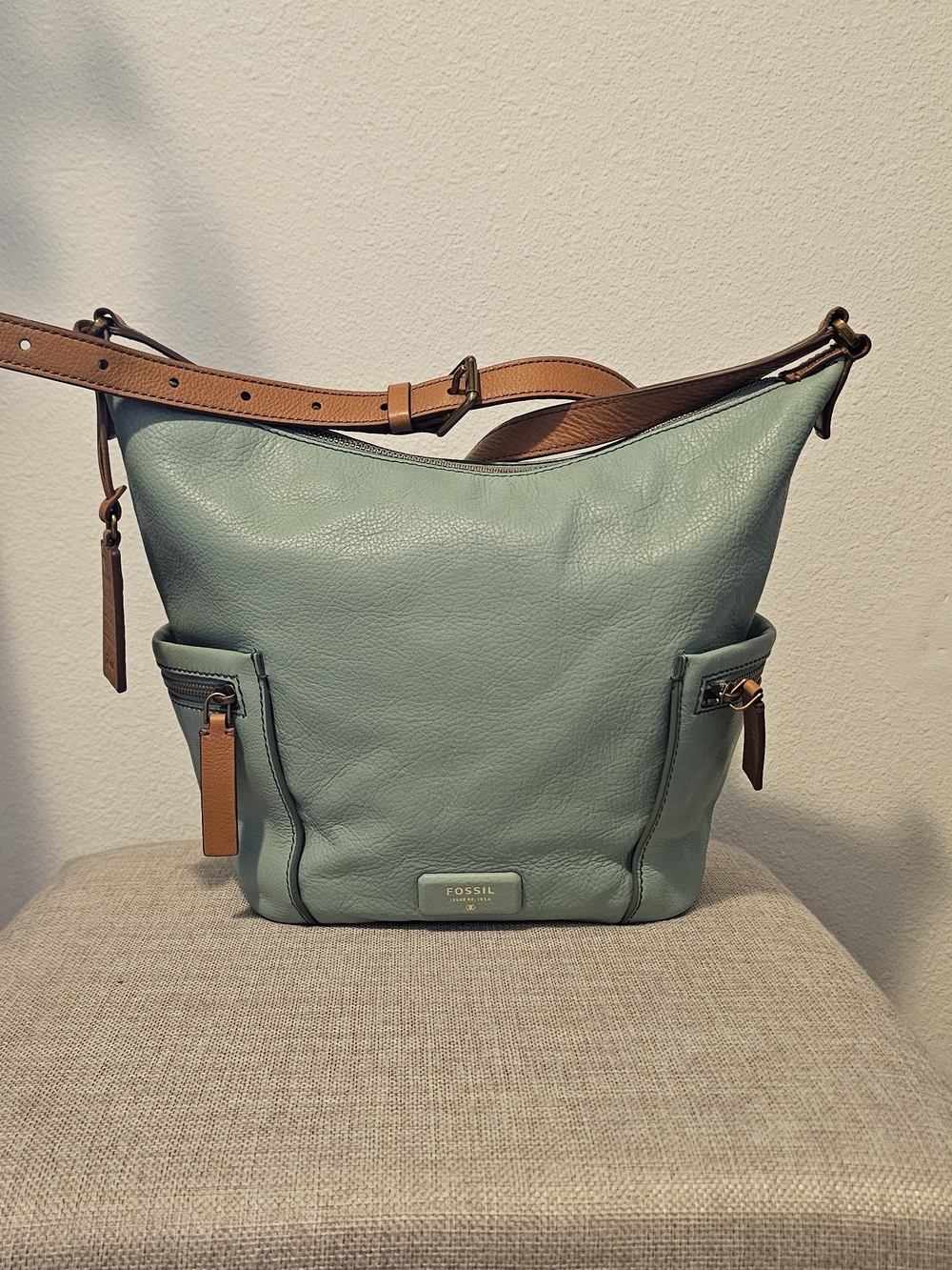 Fossil Mint Green Leather Hobo Bag with Tan Strap